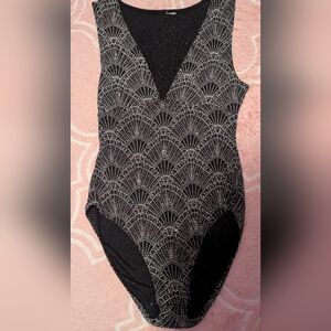 H&M Black Bodysuit with Silver Fan-Pattern Sparkle